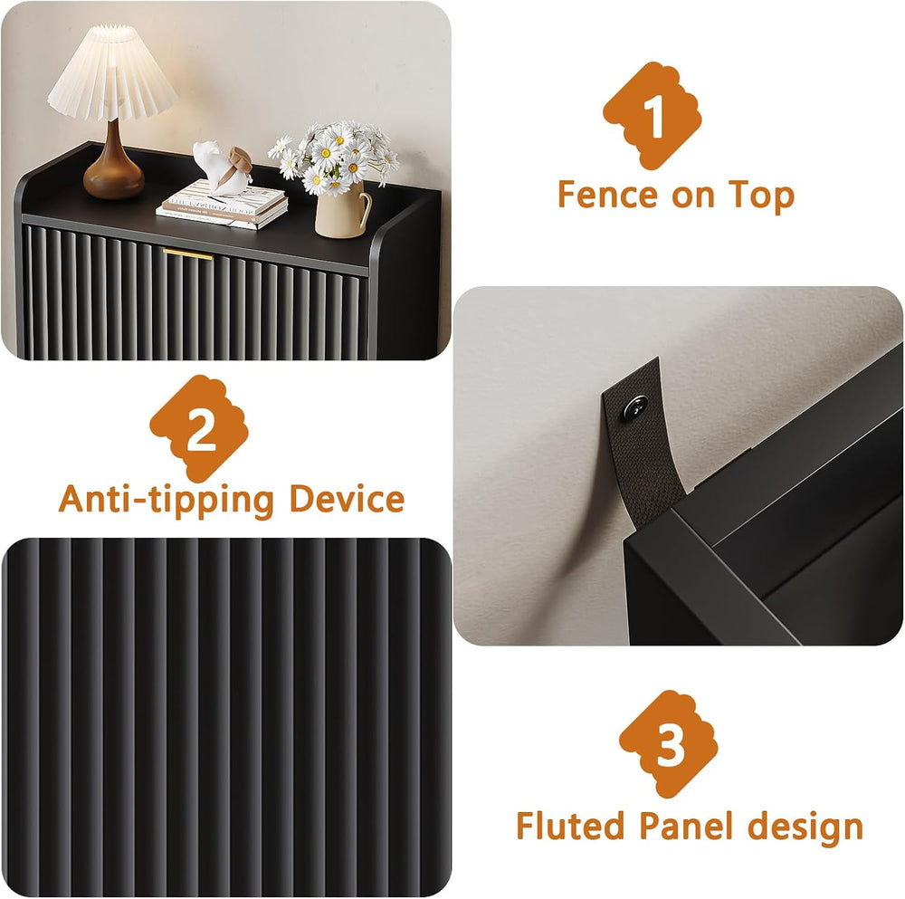 Black Fluted Slim Shoe Cabinet Storage with 2 Flip Drawers for Entryway