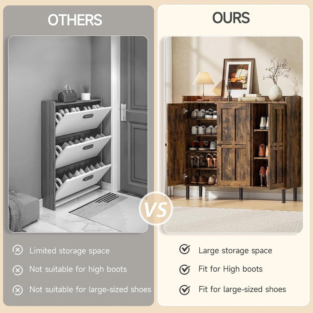 ONBRILL Shoe Cabinet with 3 Doors & Adjustable Shelves (Rustic Brown)