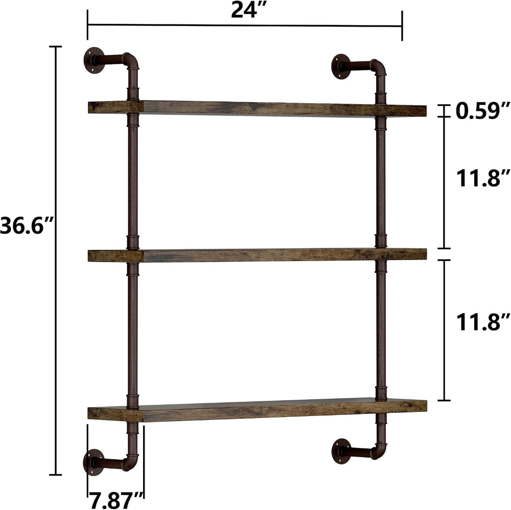 Helsin 3 Tier Industrial Pipe Shelf Rustic Wood Floating Shelves,Wall Display...