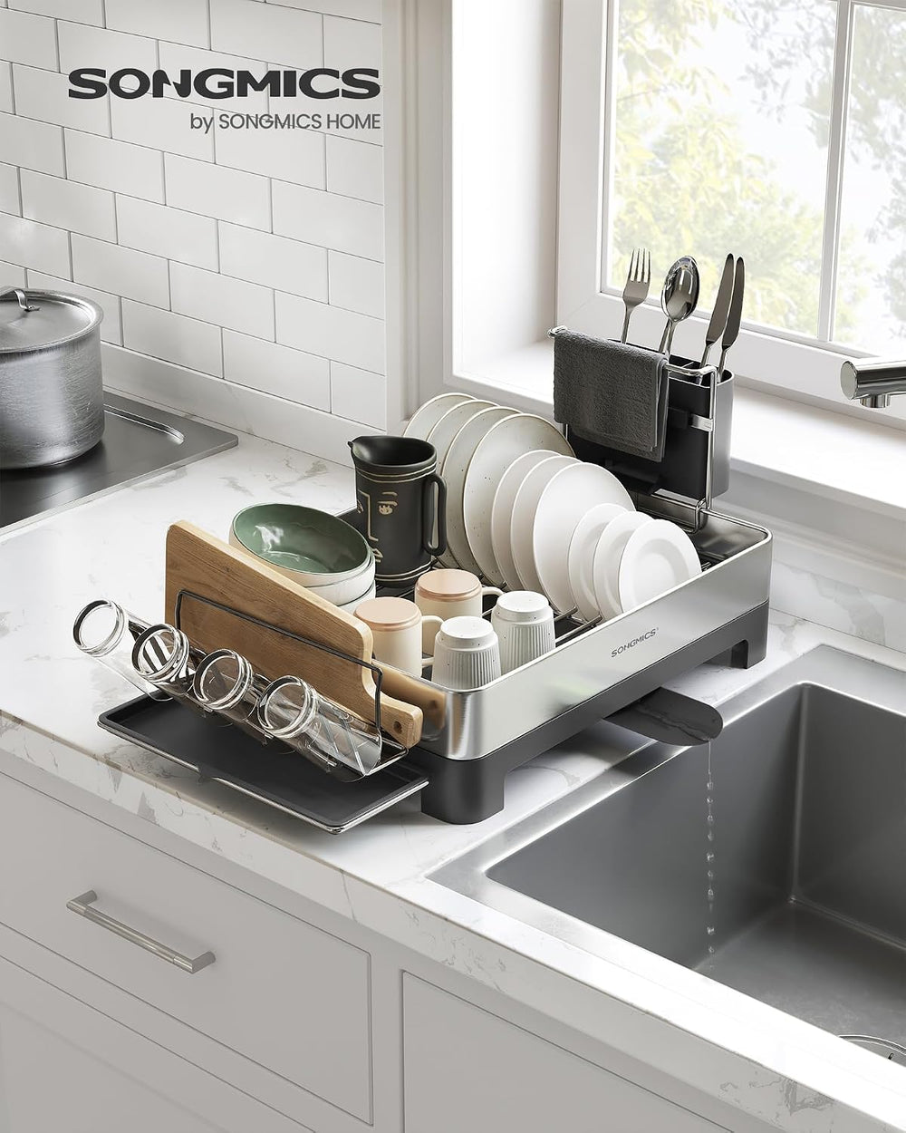 SONGMICS Dish Drying Rack, Stainless Steel, Extendable Spout