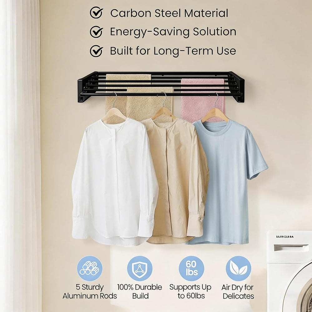 Wall Mounted Laundry Drying Rack, Carbon Steel Foldable & Retractable Clo...