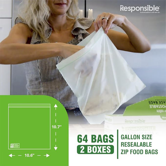 Certified Compostable Large GALLON Resealable Zip Bag, Extra Strength Food Bags - Image 2