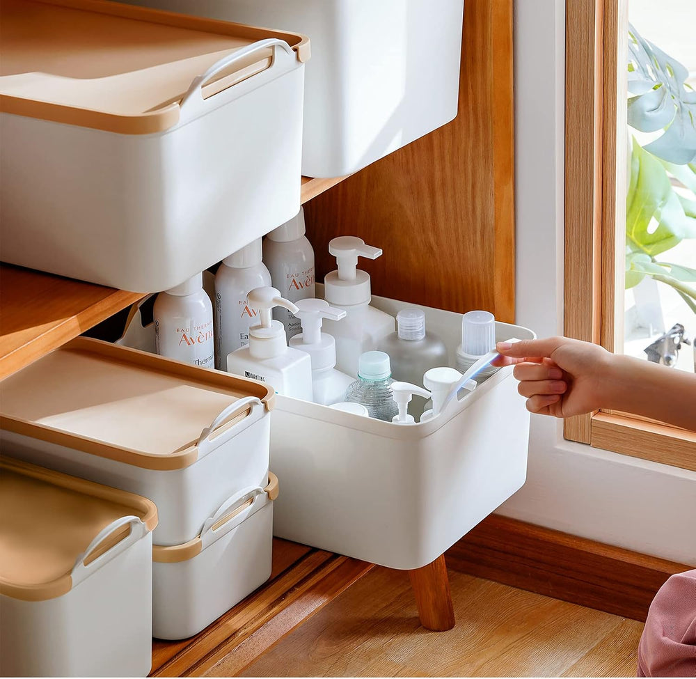 ANMINY White Plastic Storage Bins Baskets with Lids, 8-Pack, 1XL+1L+2M+4S