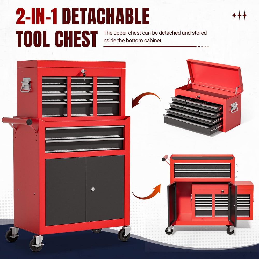10-Drawer Rolling Tool Chest with wheels, Lockable 2-in-1 Tool Box