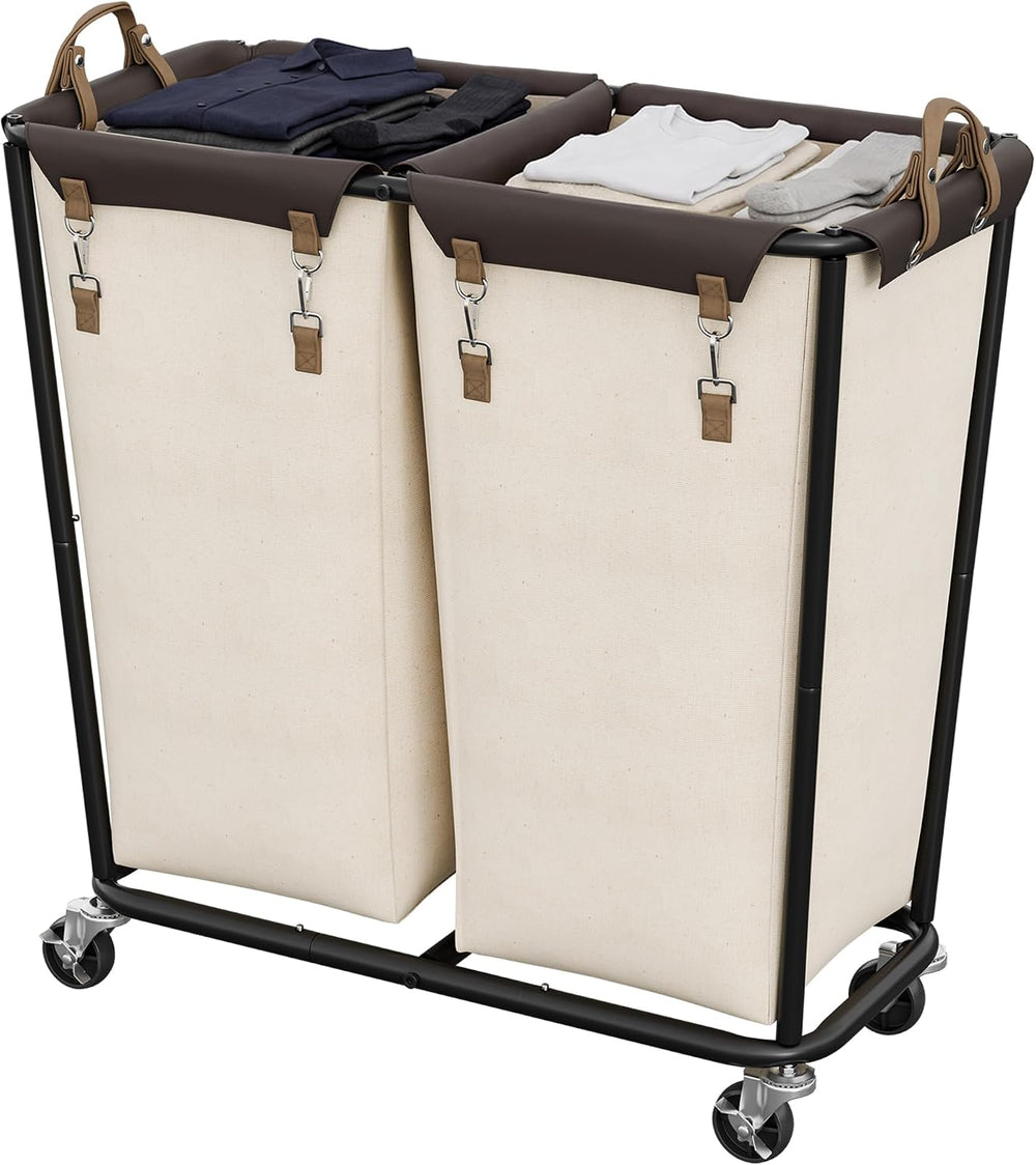 StorageWorks 2 Section Laundry Hamper, 330L Extra Large Beige Rolling Cart