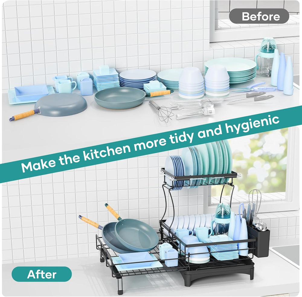 Dish Drying Rack for Kitchen Counter, Extendable Dish Rack with Drainboard, K...