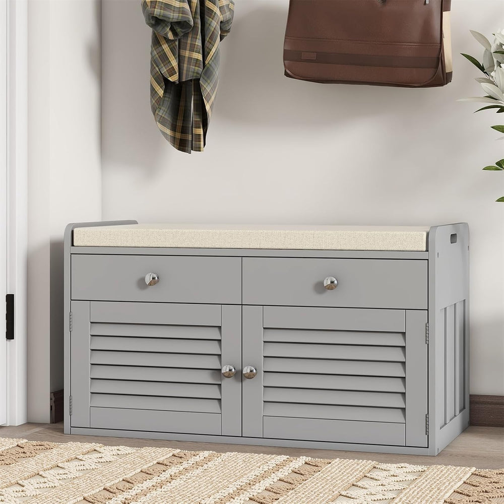 WARMHONIU Shoe Storage Bench with 2 Drawers Storage & Cushioned Seats