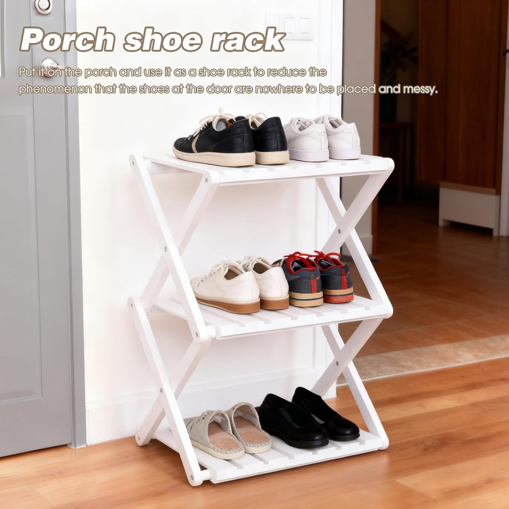 3 Tier Portable Folding Shoe Storage Rack Natural Bamboo Vertical Shoe Rack f...
