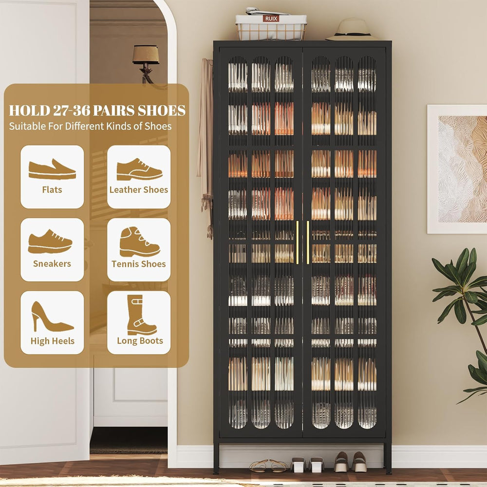 9-Tier Tall Metal Shoe Cabinet with Doors & Hooks, 67" Large Shoe St...