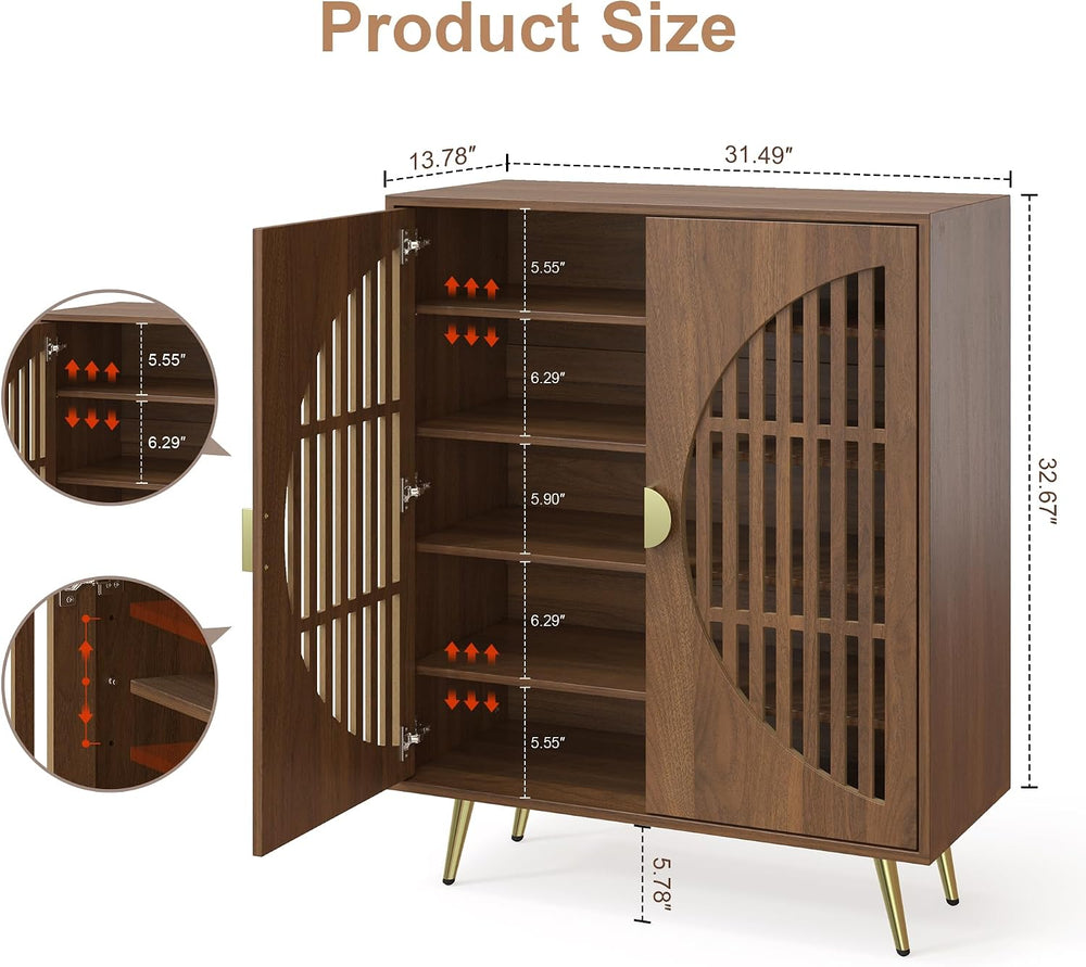 5-Tier Walnut Shoe Storage Cabinet with 2 Slatted Doors, Shoe Cupboard with A...