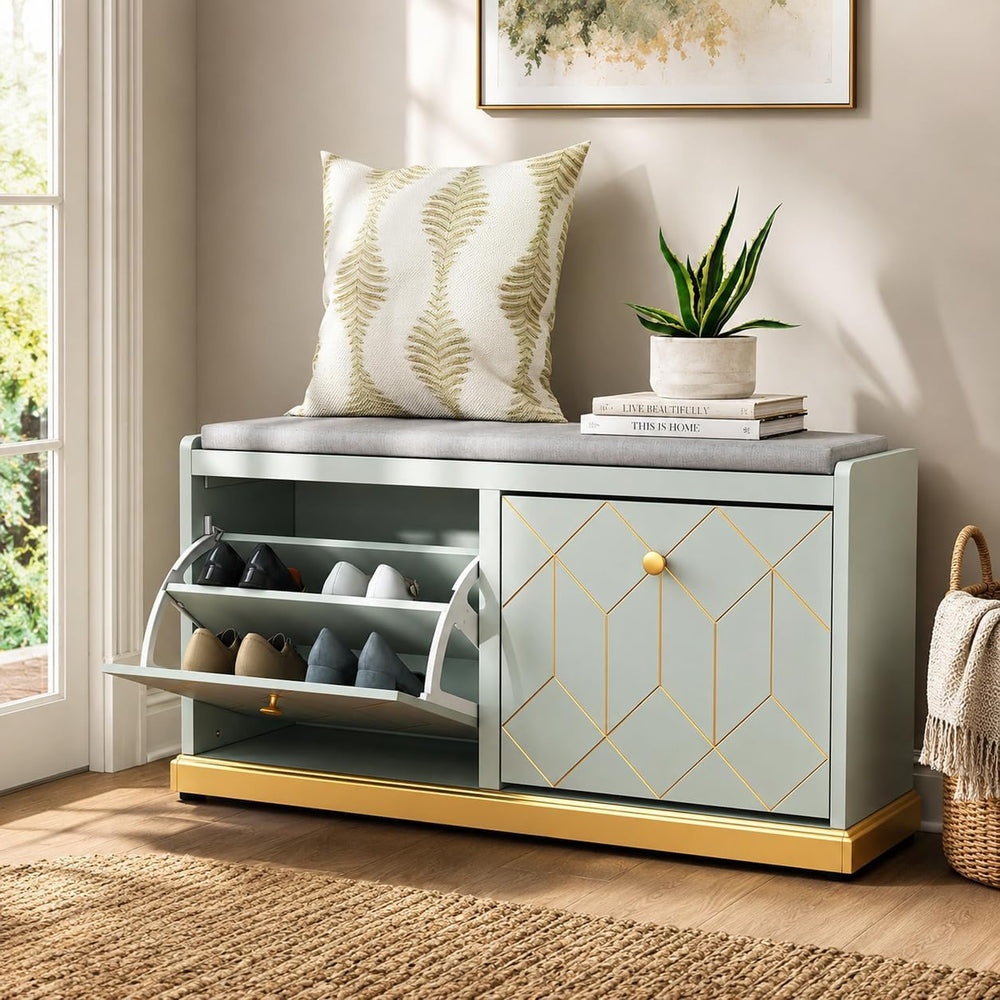 HLR Shoe Storage Bench with 2 Flip Drawer & Padded Cushion Seat