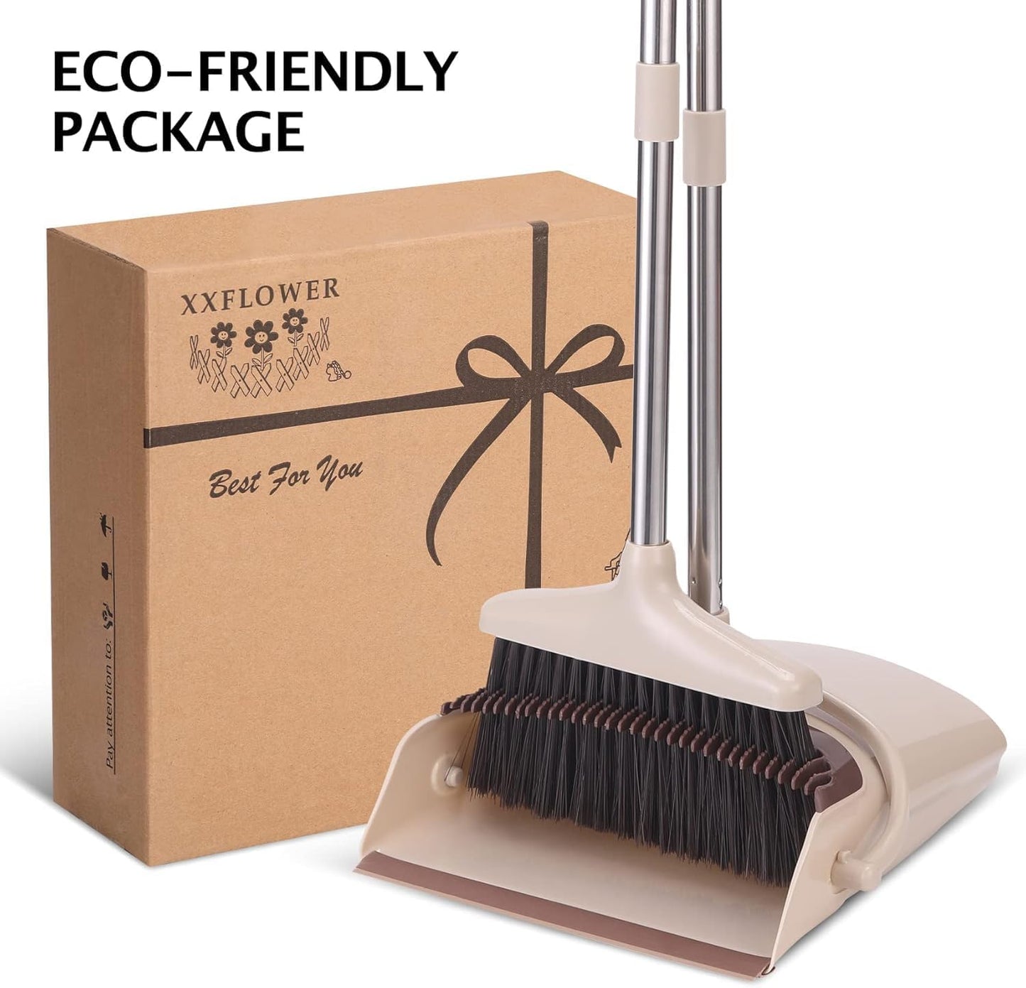 Broom and Dustpan Set with Long Handle, Light Weight Stainless Steel Poles Stand Upright Dustpans with Broom Combo for Home Kitchen Office Pet Dog Hair, Brown & Beige Color, 1-Pack