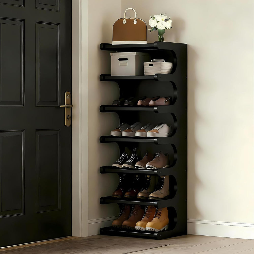 7-Tier Bamboo Shoe Rack, Vertical Narrow Shoe Rack for Small Space, Free Stan...
