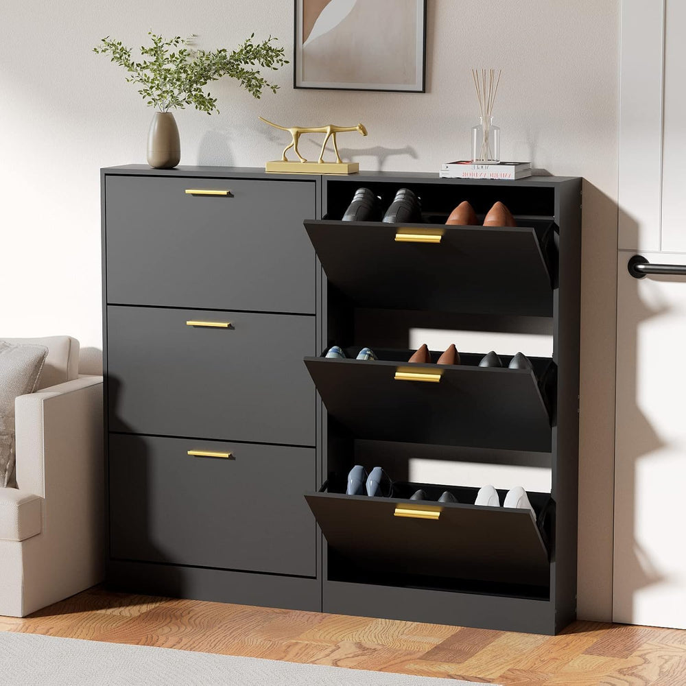 JOZZBY Shoe Cabinet, Black Shoe Cabinet with 3 Flip Drawer, Hidden Shoe Stora...