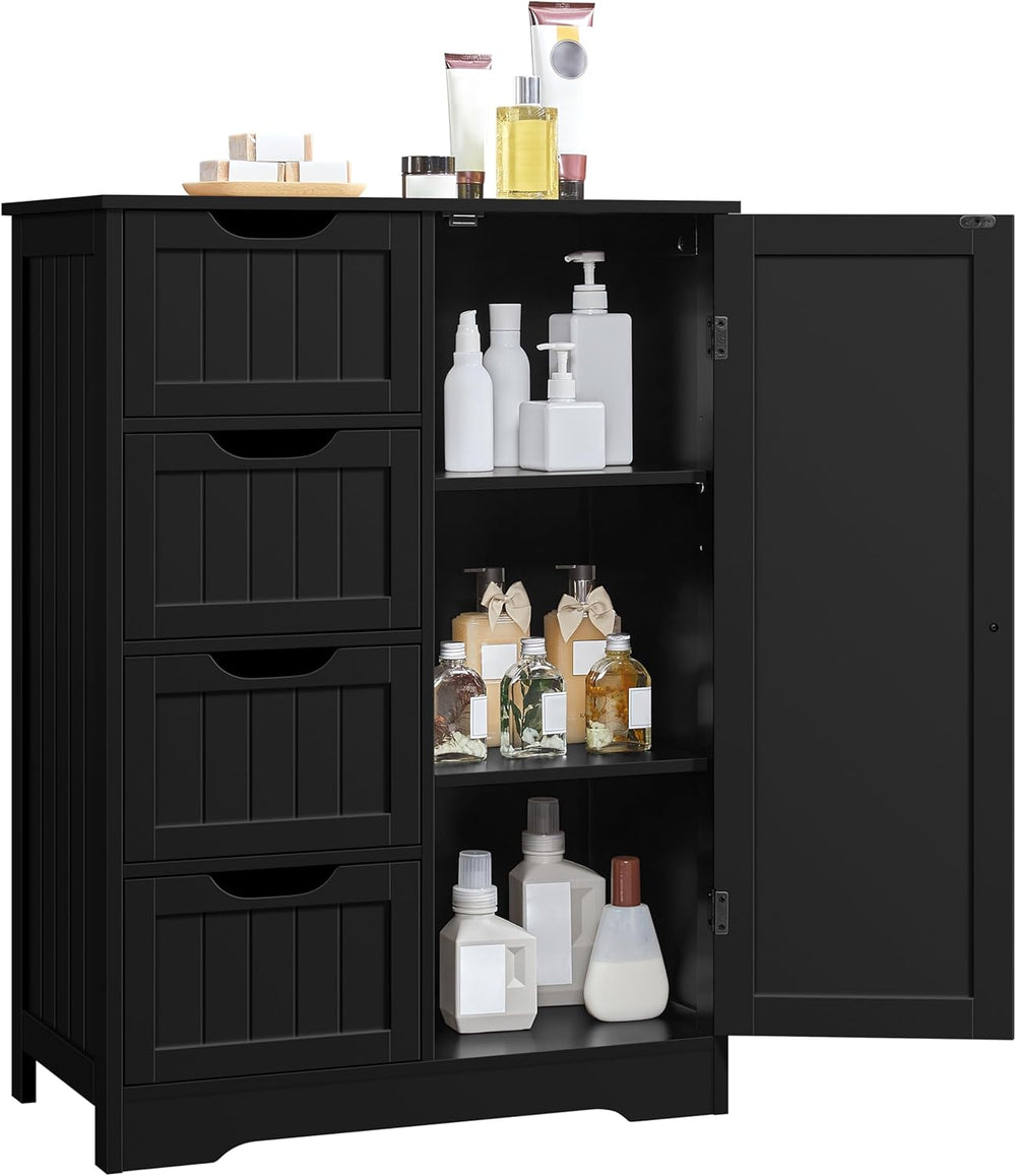 Yaheetech Bathroom Storage Cabinet with 4 Beadboard Drawers and Door, Black