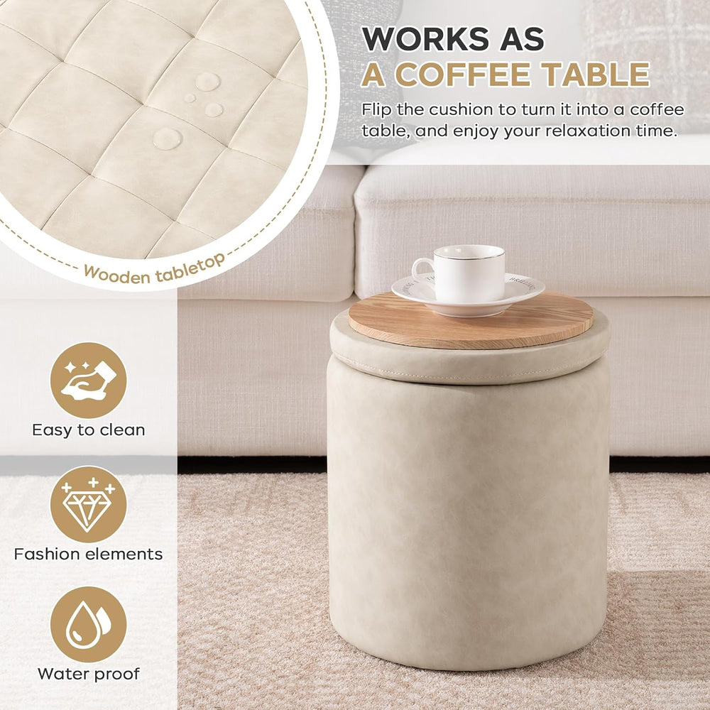oakvivo Faux Leather Round Ottoman with Storage 12.6" W x 14.17" H ...