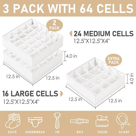 Criusia 3 Pack Sock Underwear Drawer Organizer Dividers, 64 Cell Fabric - Image 2