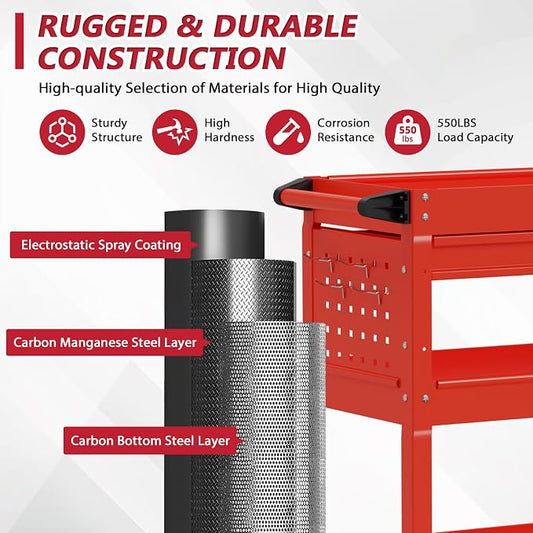 3 Tier Rolling Tool Cart on Wheels, Heavy Duty Service Cart Industrial Utility - Image 2