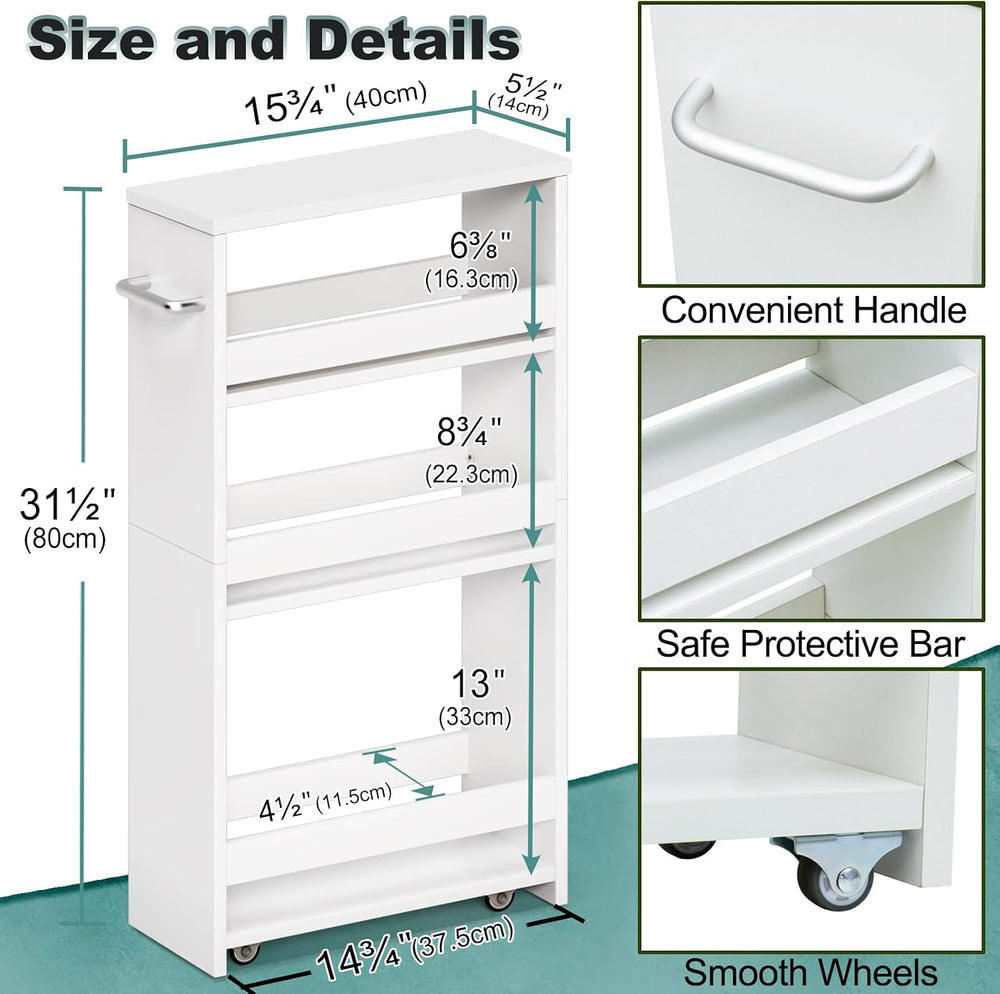 MARTY Slim Rolling Storage Cart, Wood Utility Kitchen Bathroom Laundry Cart