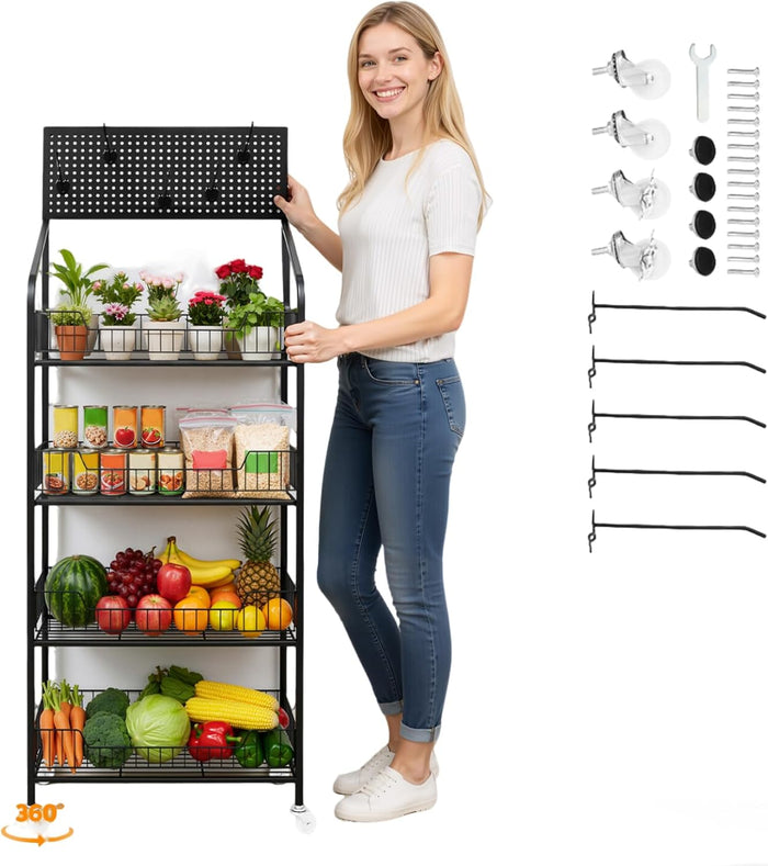 4 Tier Snack Rack Display Stand, Metal Retail Display Rack with Wheels and 5 Metal Hooks Fruit Vegetable Snack Storage Display Shelf for Bedrooms Kitchens - 19.6" L x 10.6" D x 55" H