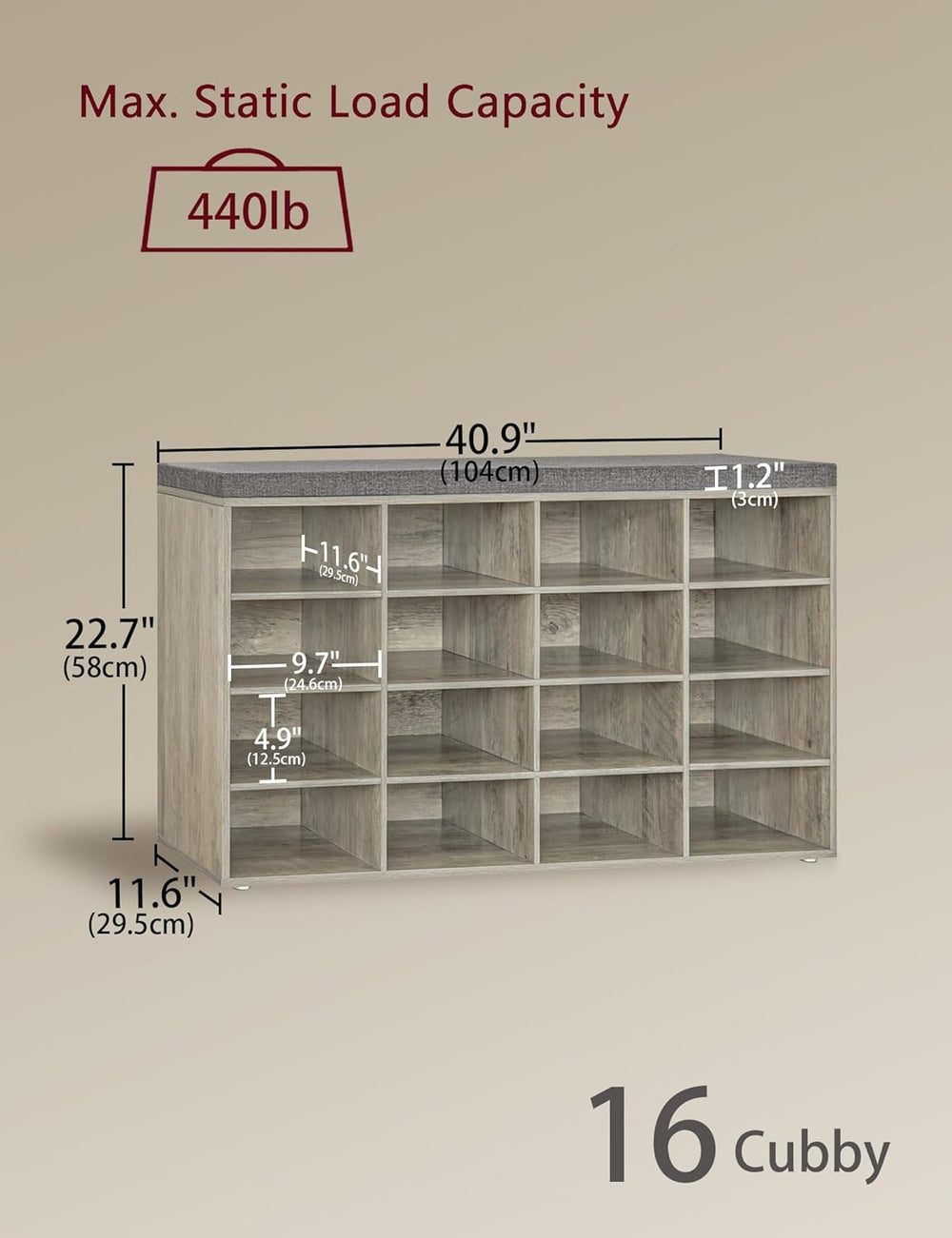 DINZI LVJ Shoe Storage Bench with Cushion, 16-Cubby Shoe Rack with Seat