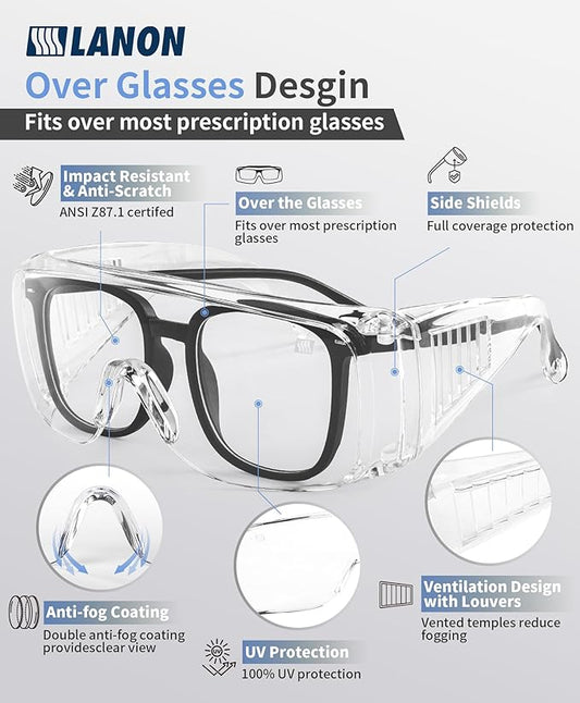 LANON 3 Pack Safety Glasses Over Eyeglasses, ANSI Z87.1 Standard, Anti-Fog & - Image 2