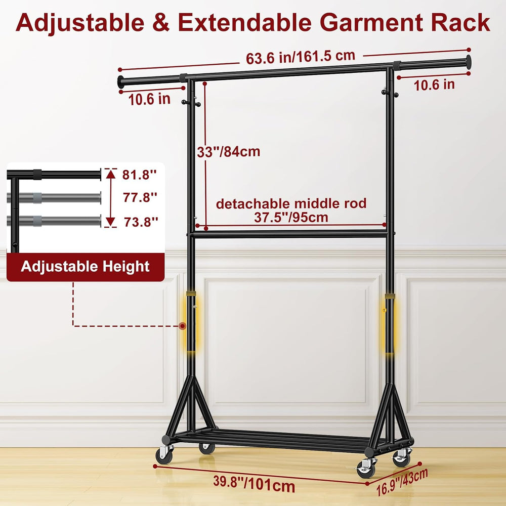 Heavy Duty Clothes Rack Load 760 LBS, Double Tier Rolling Garment Rack with W...