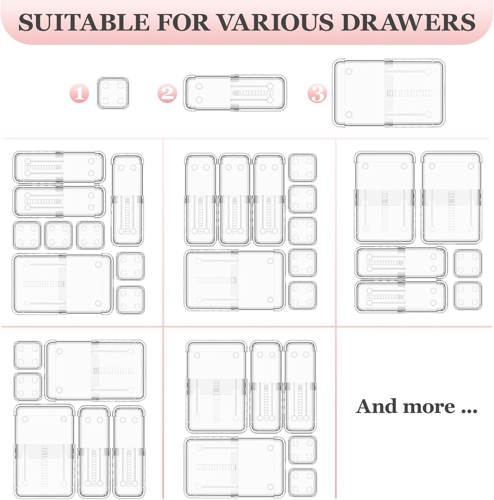 DILIBRA 20Pcs Clear Extendable Drawer Organizer, Adjustable Drawer Storage