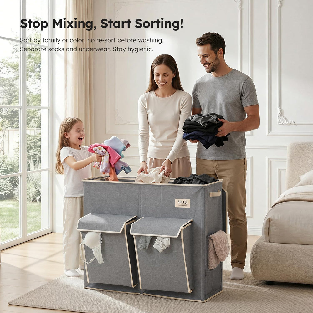 SOLEDI 220L Laundry Hamper 3 Section with Lid and 2 Side Pockets