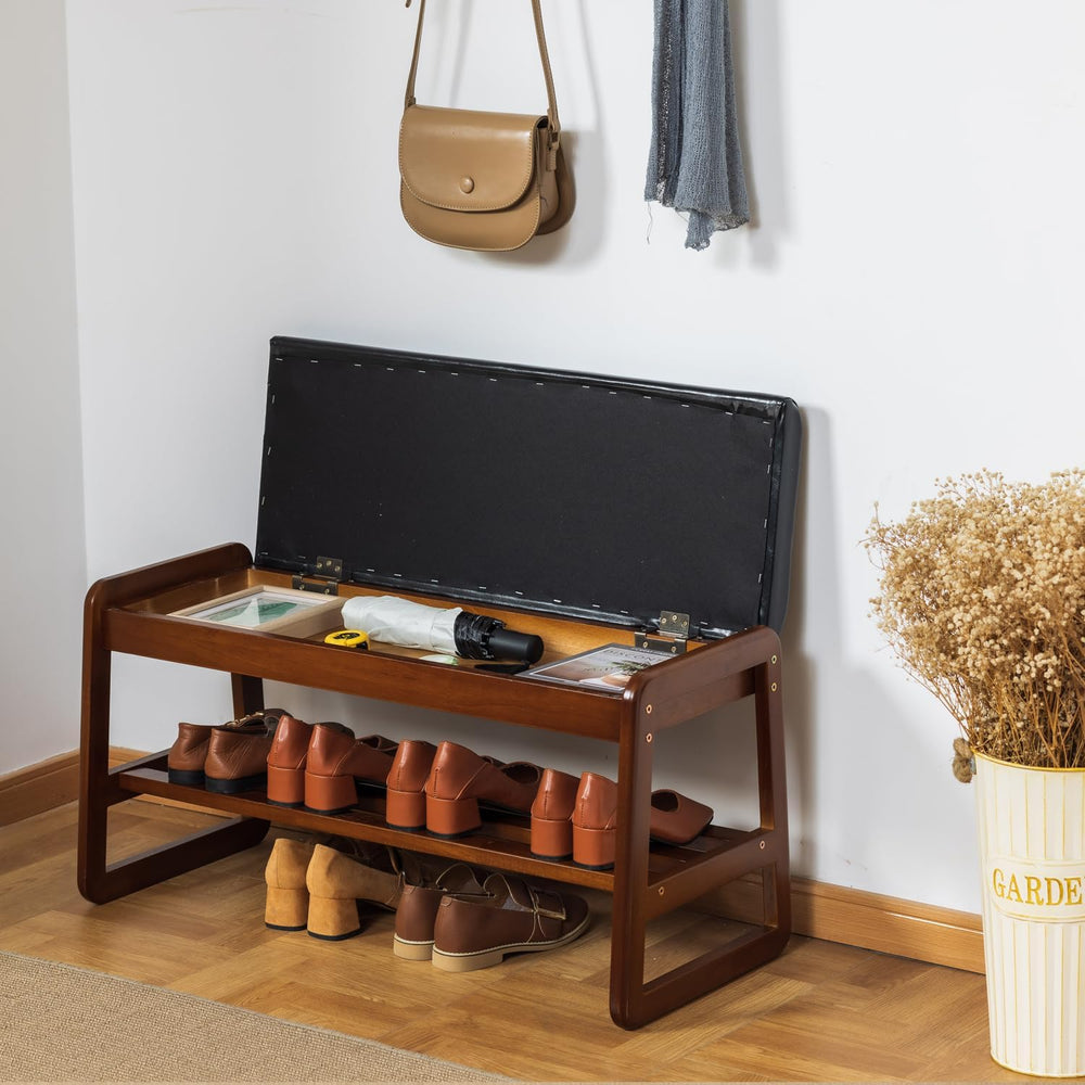 SOBIBO Solid Wood Shoe Rack Bench with Flip-Top Storage, Black, 31.5"