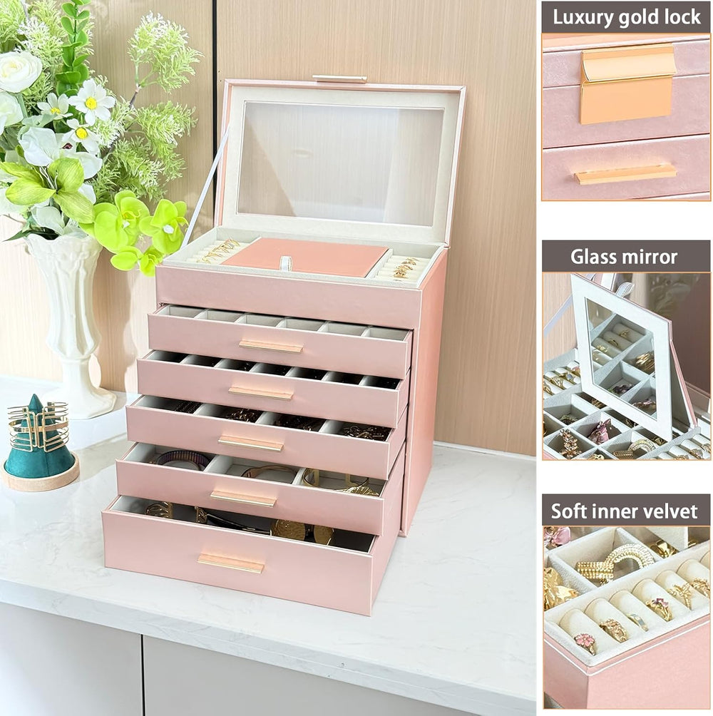 BOOVO Jewelry Boxes for Women, White and Black 6 Layer Large Jewelry Box for ...