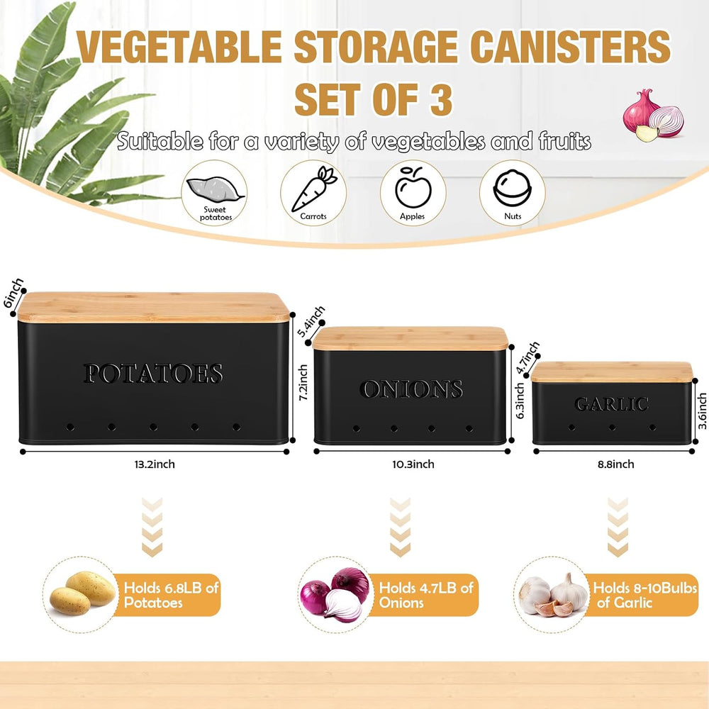 Honeydak 3 Pcs Metal Potato Onion Garlic Storage Bins Set Black