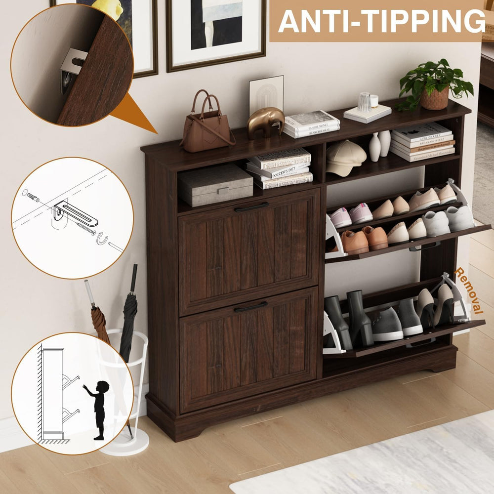 Hidden Shoe Storage Cabinet with 4 Flip Drawers & Open Storage