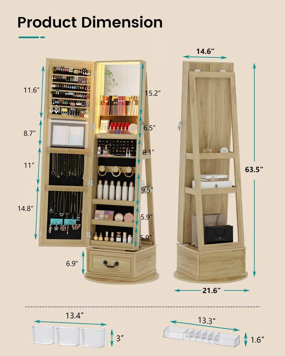 Vlsrka Mirror Jewelry Cabinet Standing with Lights, Lockable, Swivel, Wood