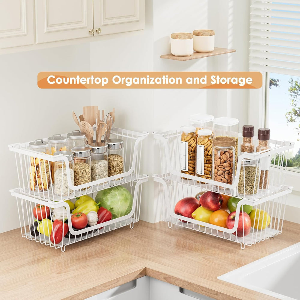 4 Pcs Stackable Wire Baskets for Pantry Organizers and Storage, White