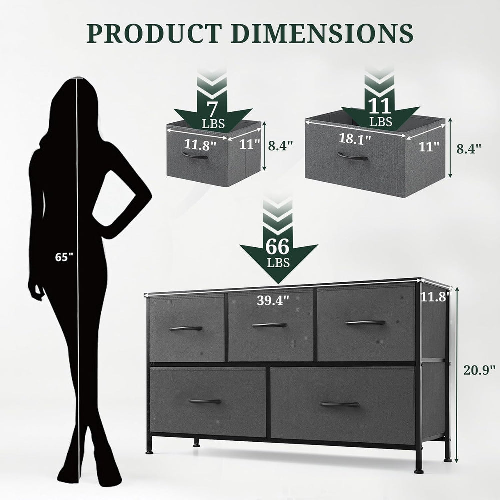 5-Drawer Dresser for Bedroom, Anti-Tip Wide Storage Organizer Fabric