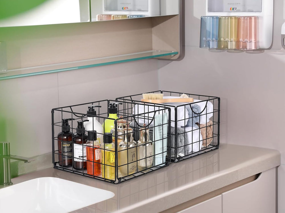 Metal Wire Basket Organizer Foldable Set of 6, Food Storage Mesh Bin with PVC...