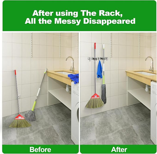 voze 2 Racks and 3 Hooks Mop and Broom Holder Wall Mount, Self Adhesive Heavy - Image 2