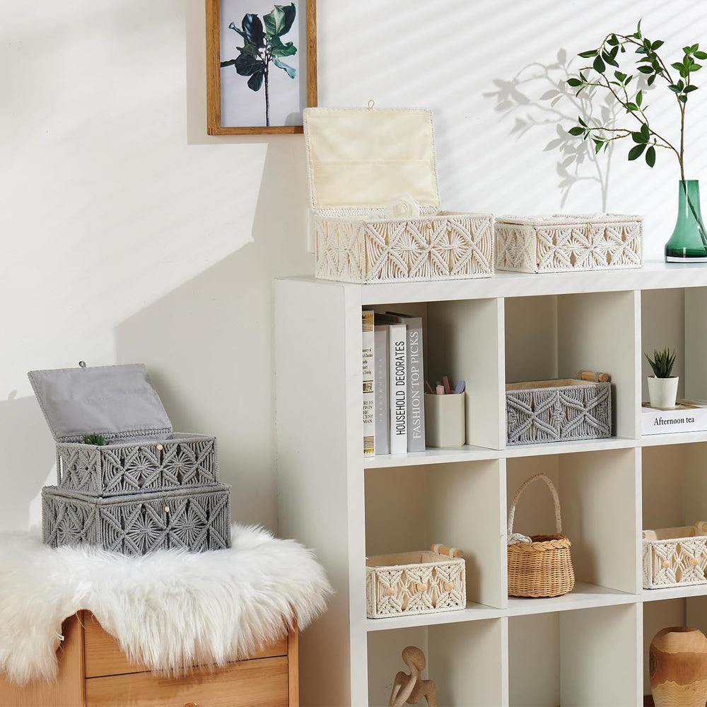 2PCS Decorative Boho Storage Basket with Lid Natural Macrame Box