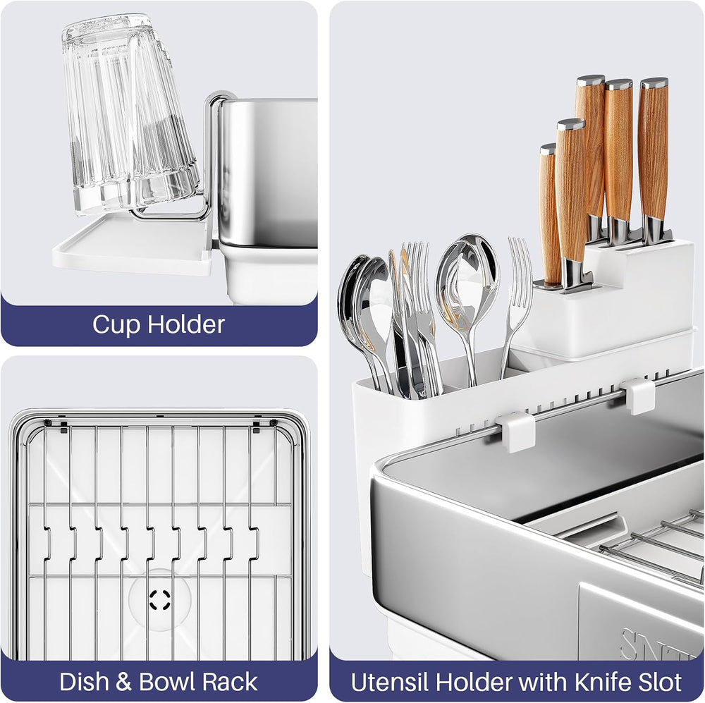 SNTD 304 Stainless Steel Dish Drying Rack for Small Kitchen Counter, White