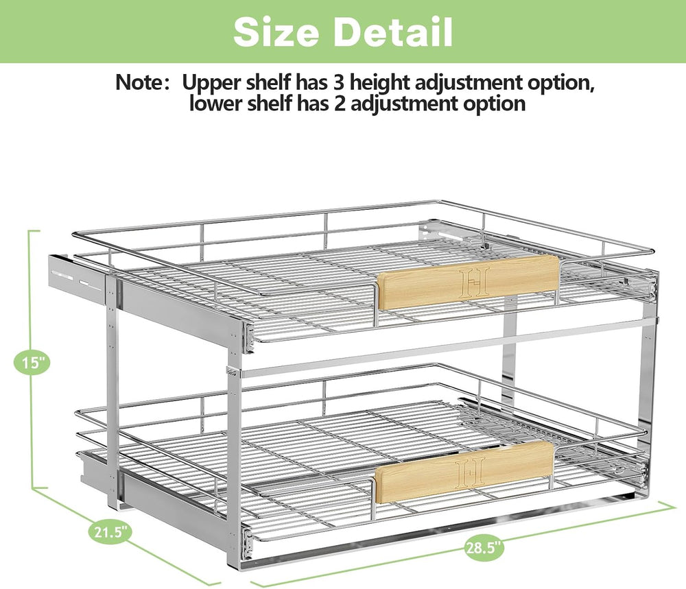 2 Tier Pull Out Cabinet Organizer with Wooden Handle, 28½" W x 21½"...