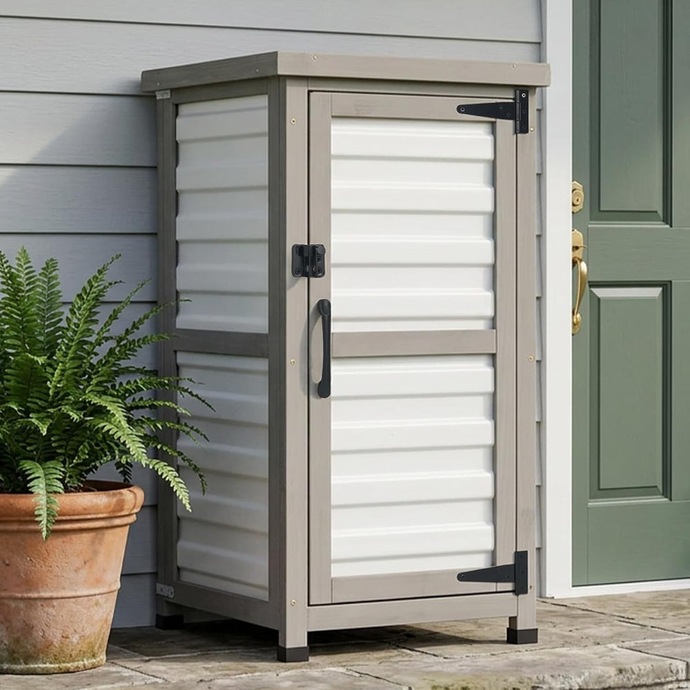 Small Outdoor Storage Cabinet with Waterproof Metal Top, White Wood & Pla...