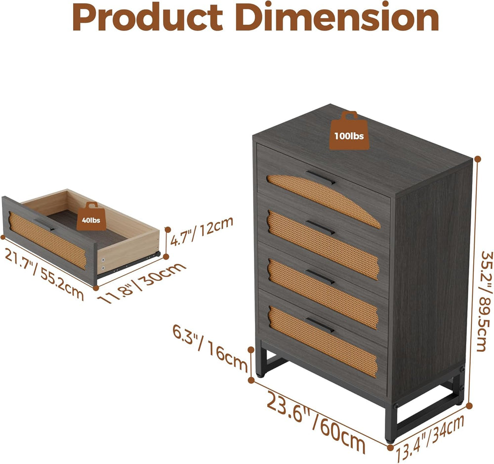 Mericonia 4 Drawer Rattan Dresser for Bedroom, Wood Tall Dresser for Closet w...