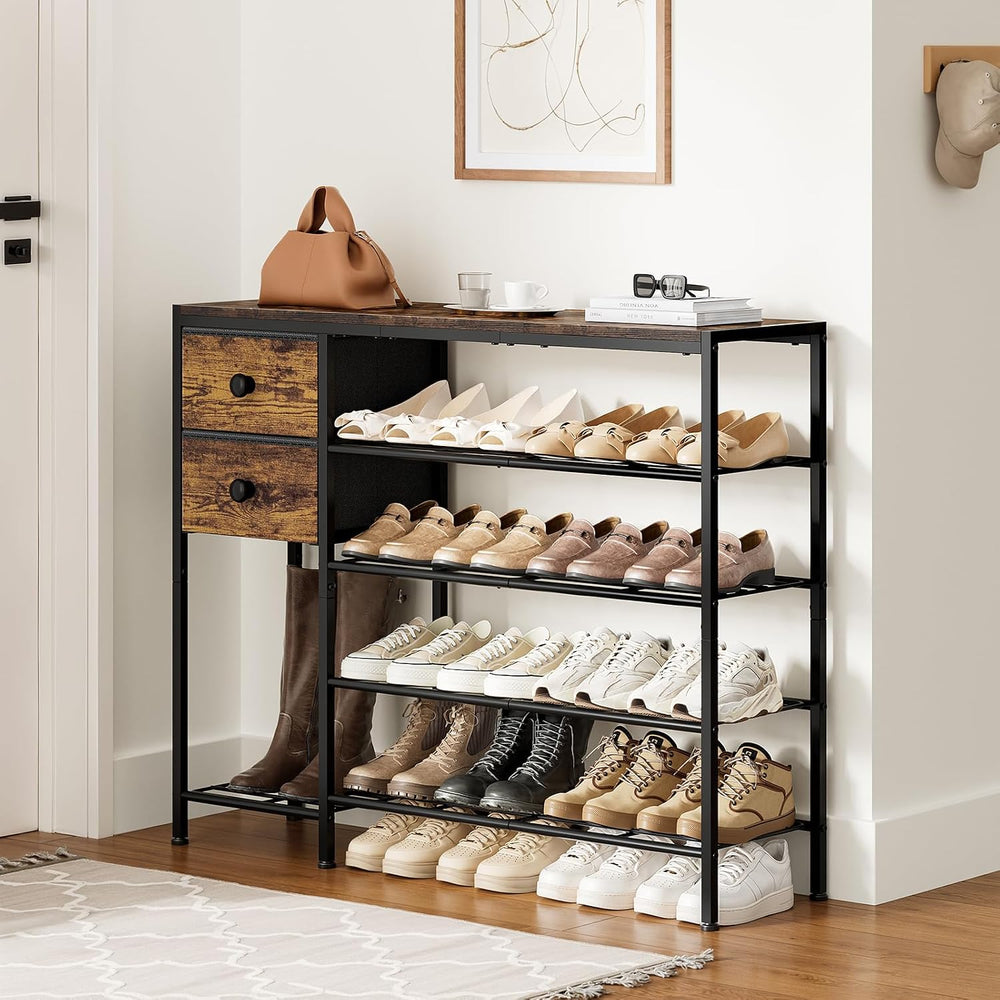 5-Tier Shoe Rack, Side Mesh & 2 Drawers for Closet Rustic Brown