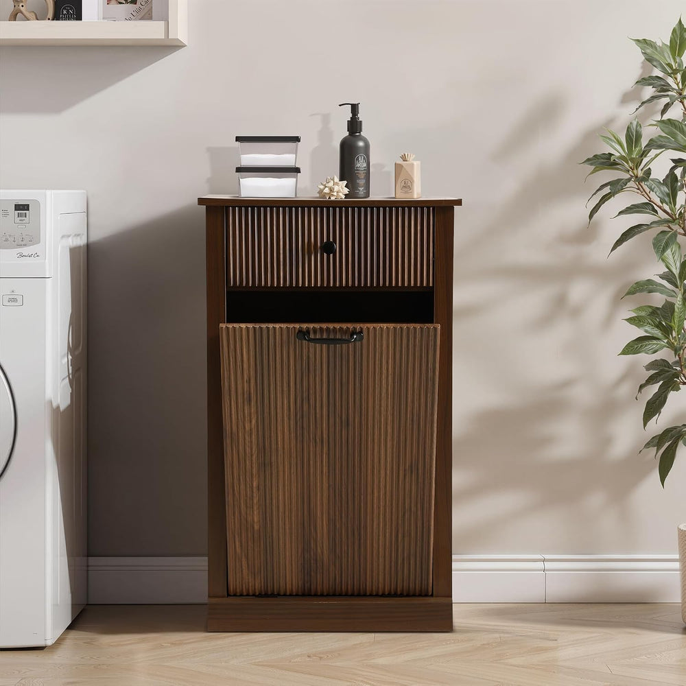 Wood Laundry Basket Cabinet, Hidden Trash Can Cabinet with Drawer, Versatile ...
