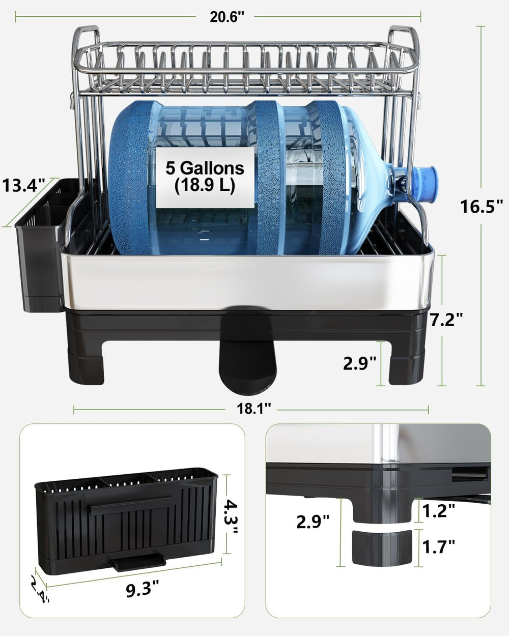 BOOSINY 2 Tier Large Stainless Steel Dish Drying Rack with Drain Board