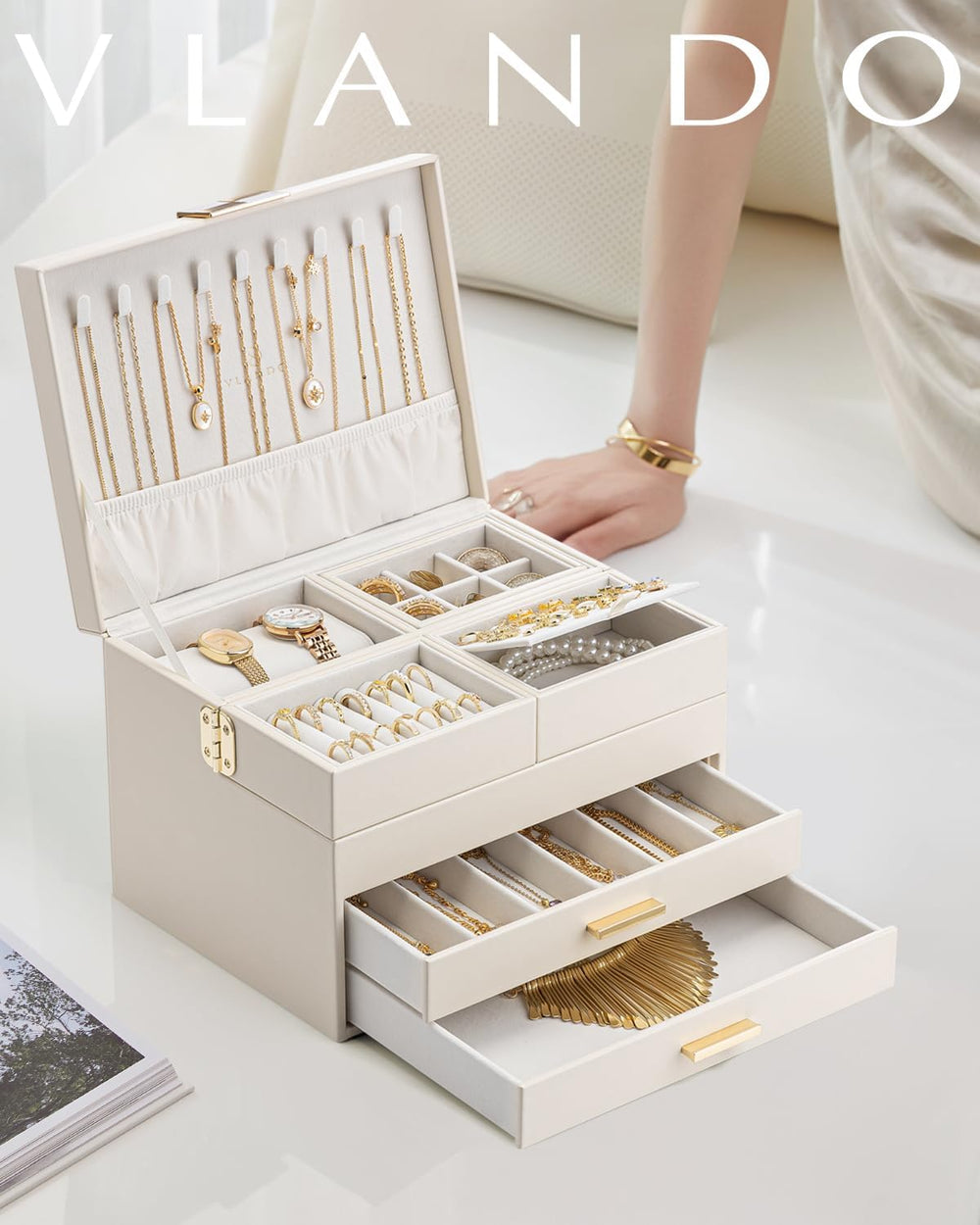 VLANDO Jewelry Box,4-Layer Design with Retractable Tray and 2 Drawers