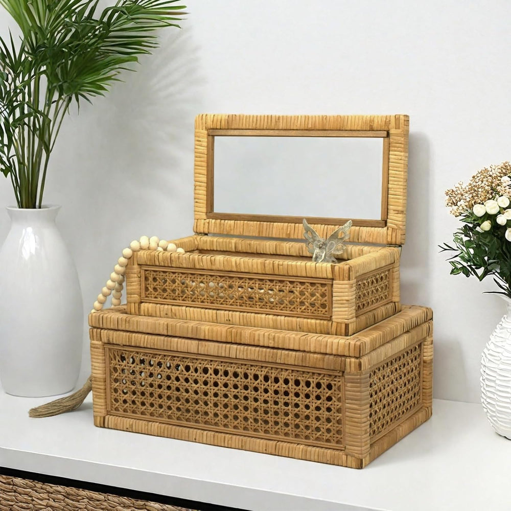 Rattan Display Box for Home Decor with Lid - Rectangular Coastal Bohemian Sty...