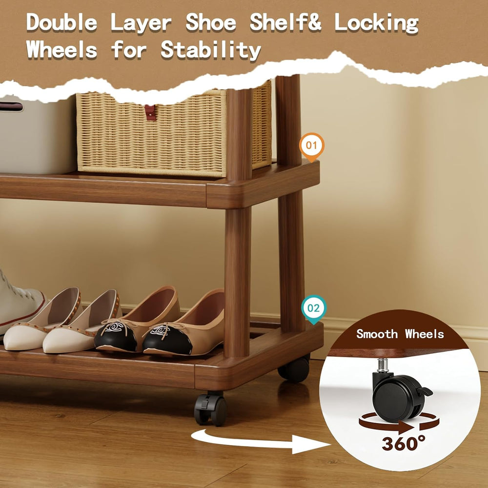 Solid Wood Clothing Rack with Wheels, Garment Rack Shelves, 31.5" Walnut