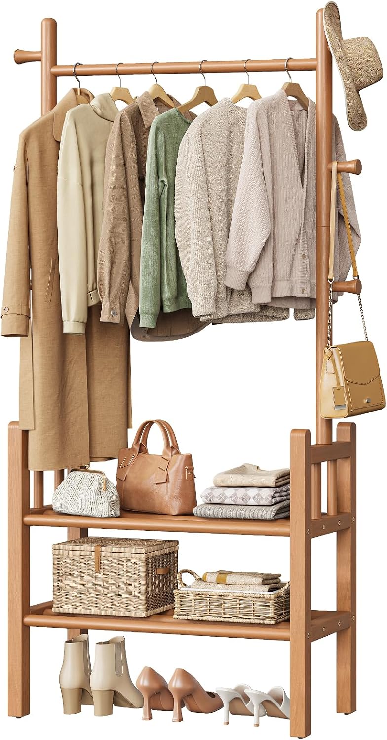 Yoobure Solid Wood Clothing Rack with Shelves - Coat Rack Freestanding with 6...